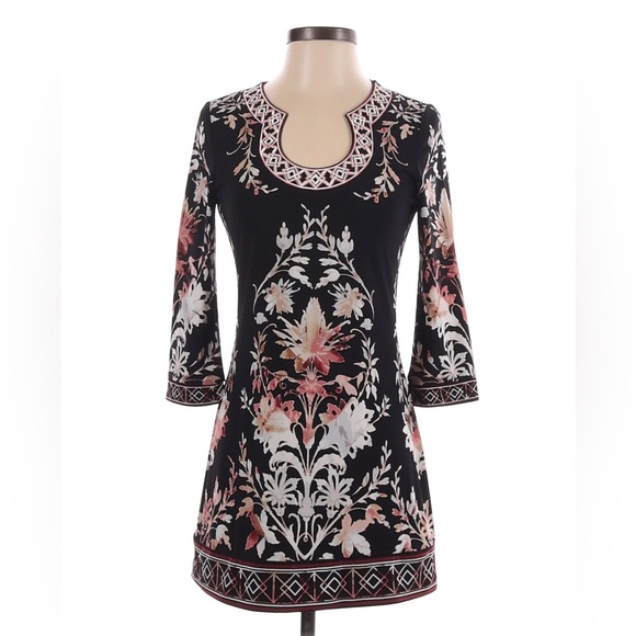 White House Black Market Dresses & Skirts - WHBM- Floral Black and Pink Tunic Dress with Embroidered Neck 3/4 Sleeve- Size M